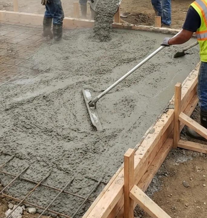 Worker screeding wet concrete between wood forms in Fayetteville, NC